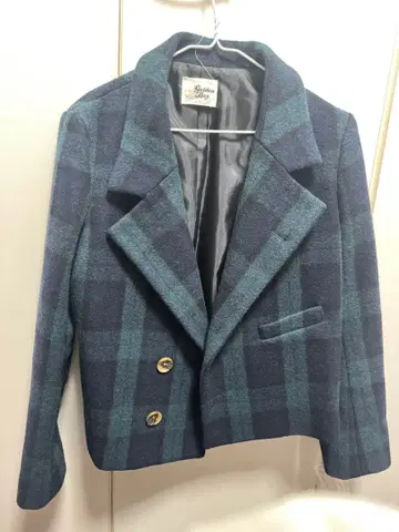 파랑과 그린 체크 무늬 울 75% 더블 버튼 자켓 일본제 레트로