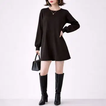 미스틱[F] 고급 쿨 매끄러운 터치 봉긋한 소매 리브 니트 미니 원피스