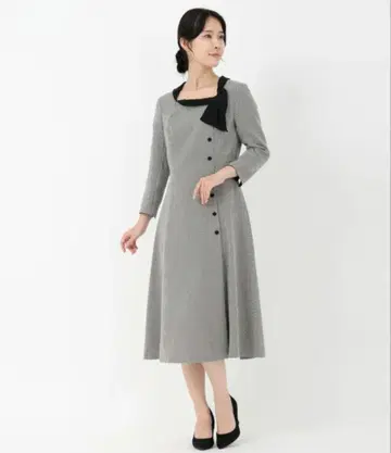 Linon 샴브레이/울리 하운드투스 체크 사이드 리본 넥 원피스