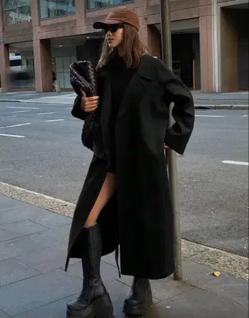 블랙 롱 코트 벨트 포함