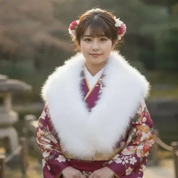 [컨디션 최상] 성인식 화이트 퍼 숄 후리소데 기모노용