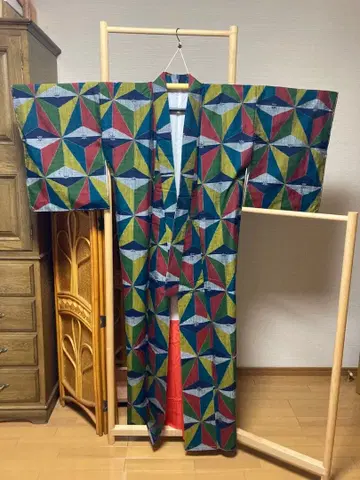 기하학 패턴 실크 기모노 빨간색 안감