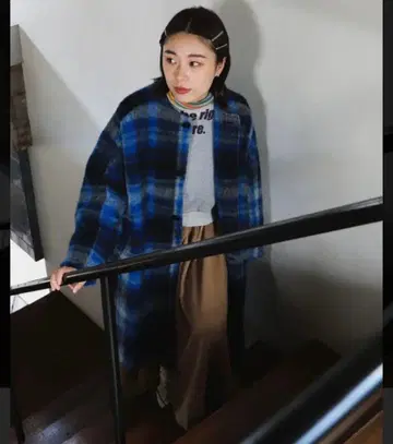 BEAMS BOY 슬라이버 타탄 체크 노카라 코트