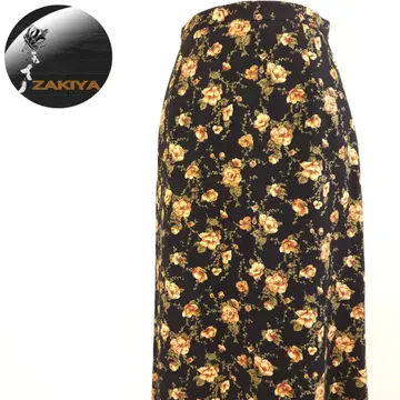 빈티지 롱 스커트 올 패턴 미니 꽃무늬 블랙 노랑