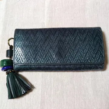 SHiME 시이메 다크 그린 뜨개질 무늬 장지갑 태슬 포함