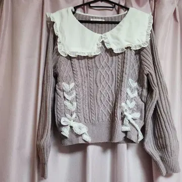 핑크 스웨터 니트 지뢰계 양산형 리본 프릴 카라 부착