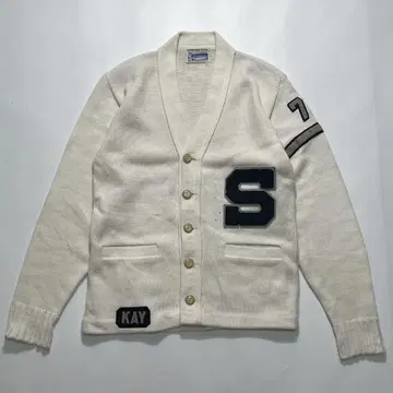 50s 챔피온 빈티지 레터드 가디건 M 화이트 와펜 7092