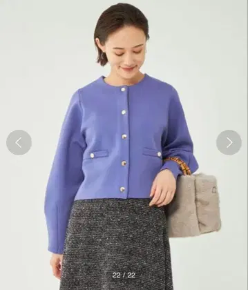 골드 버튼 크루넥 니트 가디건 워시 블루