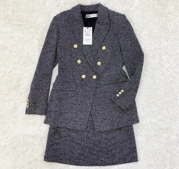 자라 셋업 자켓 스커트 트위드 골드 버튼