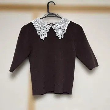 윌 셀렉션 새상품 리본 레이스 칼라 리브 니트 F 브라운