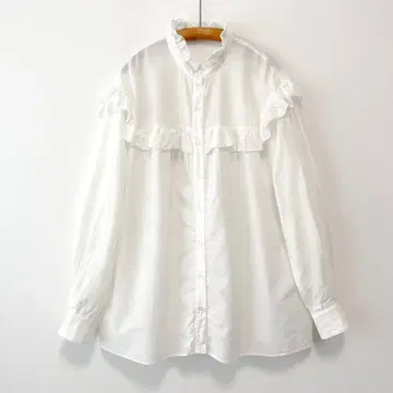 스픽 앤 스팬 코튼 실크 프릴 블라우스 실크 스탠드 카라 화이트