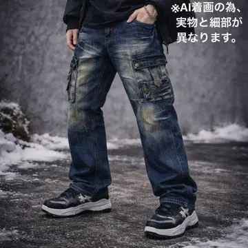 Y2K 00s 카고 데님 팬츠 XL 밀리터리 기믹 시크 스타일