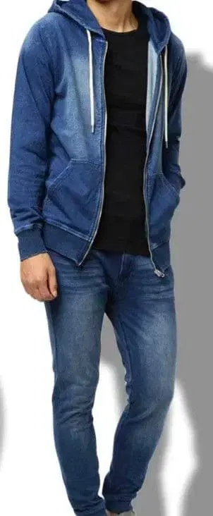 slow&easy 컷 데님 맨투맨 데님 조거 팬츠