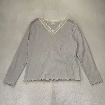 도트앤스트라이프 리브 티셔츠 레이스 V넥 밑단 디자인 그레이