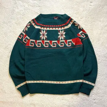 80s 빈티지 구제 의류 노르딕 무늬 네이티브 무늬 니트 그린