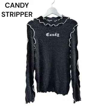 CANDY STRIPPER 로고 자수 라메 리브 니트 RIB 상의
