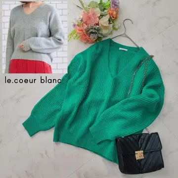 르 쿠르 블랑*그린*램스울 V넥 편직 니트