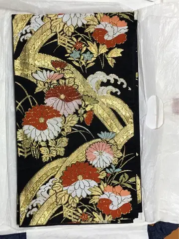 후쿠로 오비 금실 자수 꽃무늬 블랙