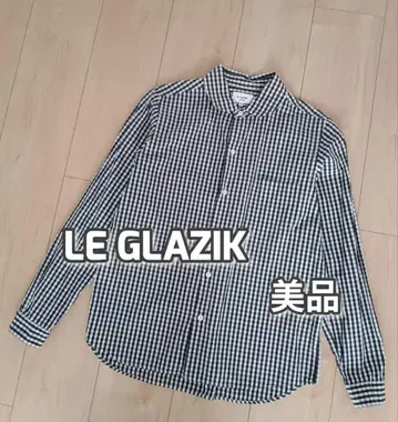 새상품급 LE GLAZIK 깅엄 체크 코튼 셔츠 둥근 카라 블랙 화이트