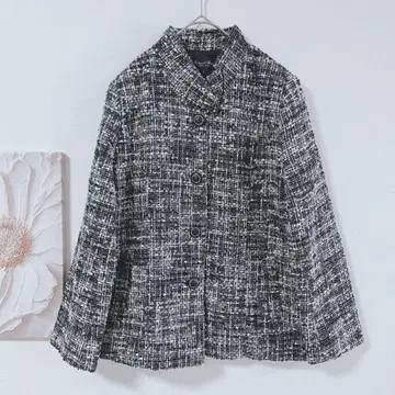 내추럴 베이직 트위드 자켓 버튼 포함 숏 기장 화이트/블랙 L