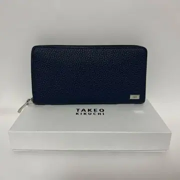다케오 키쿠치 장지갑 라운드 지퍼 소가죽 네이비