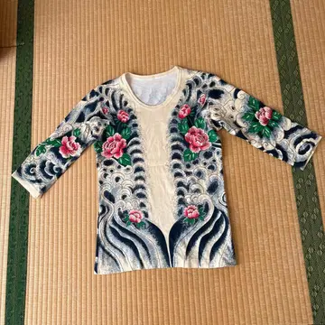 일본풍 꽃무늬 사자 디자인 7부 소매 티셔츠 M