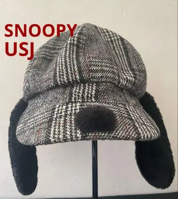 스누피 유니버셜 스튜디오 귀 달린 헌팅 캡 모자 체크 무늬
