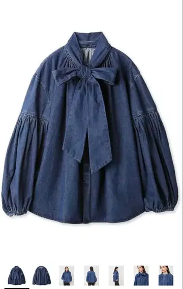 데님 리본 포함 벌룬 슬리브 셔츠