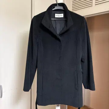 블랙 울 혼방 피 코트 허리 리본 포함