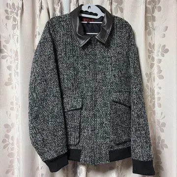 울 혼방 트위드 자켓 가죽 카라 부착