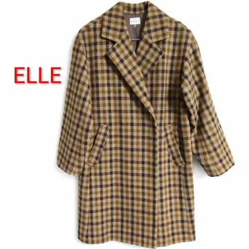 ELLE 울 혼방 체크 롱 코트 38 히요쿠 스냅 버튼 베이지 계열