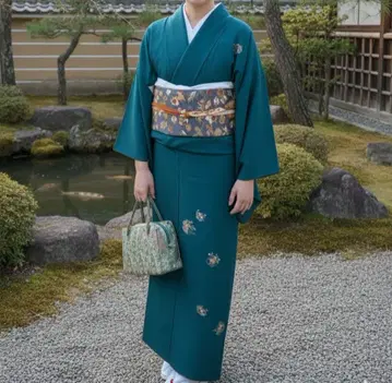 호몬기 크레이프 원단 짙은 녹색 꽃 문양 금실 자수 기모노만 톨 사이즈