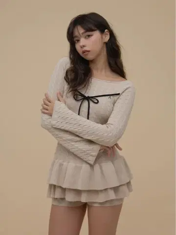 andmary Milky frill mini dress beige