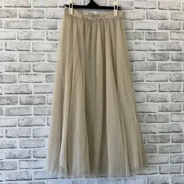 베이지 튤 플리츠 롱 스커트