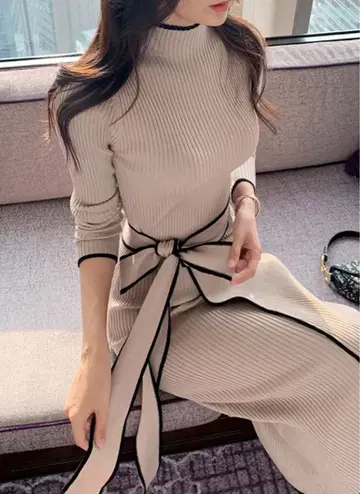 리브 베이지 니트 원피스