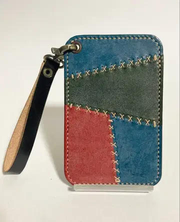 천연 가죽 패스 케이스 핸드 스트랩 포함 패치워크 손바느질 핸드메이드
