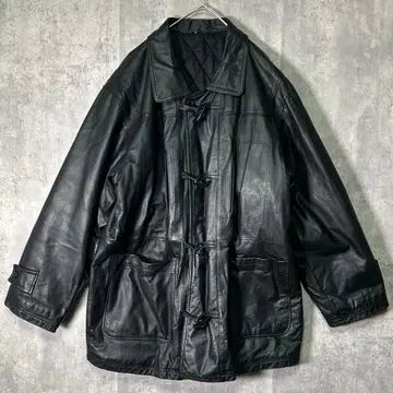 레어 카우 가죽 더플 코트 블랙 천연 가죽 토글 소가죽 빈티지