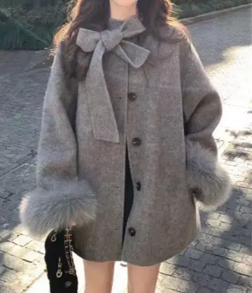 그레이 울 피 코트 리본 포함