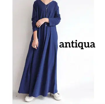 [ antiqua ] 네이비 V넥 긴팔 롱 원피스