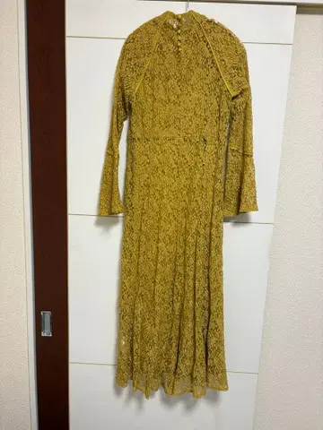 LILY BROWN 머스타드 레이스 하이넥 롱 드레스