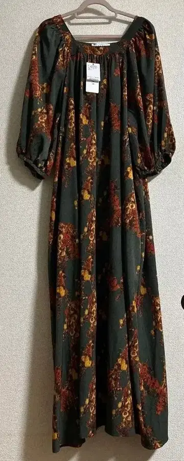 플라워 프린트 롱 원피스 F 차콜 그레이