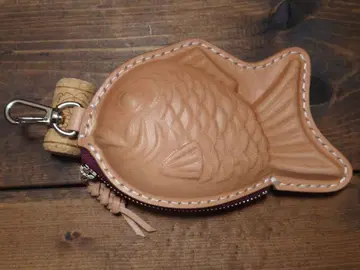 천연 가죽 붕어빵 파우치 금속고리 포함 도치기 가죽 사용