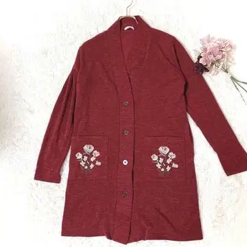 레이시스타 빨간색 롱 가디건 꽃 자수 L