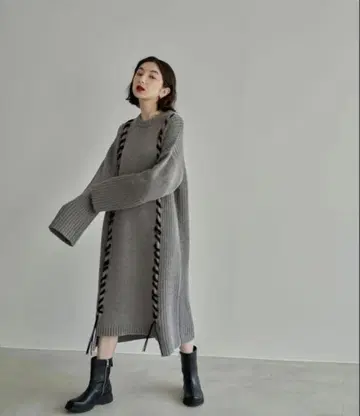 레이스업 니트 원피스 리본 그레이 3G Mix Tape