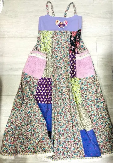 핸드메이드 플라워 프린트 버터플라이 패치워크 롱 원피스