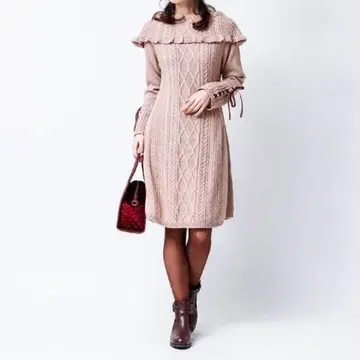 axes femme 레이스업 소매 리본 니트 플레어 원피스