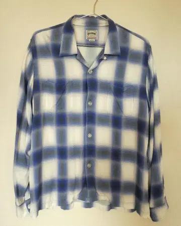 HOUSTON 휴스턴 레이온 옴브레 체크 오픈 카라 셔츠 M 블루