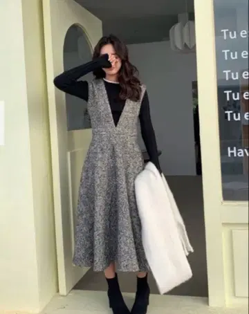 그레이 헤링본 슬리브리스 원피스 M 트위드 원피스