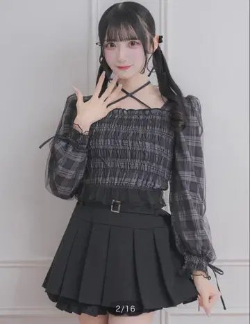 pium 셔링 튤 긴팔 프릴 블라우스 블랙 체크