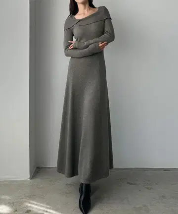 Louere 아지메 오프숄더풍 니트 플레어 원피스 그레이 S 사이즈